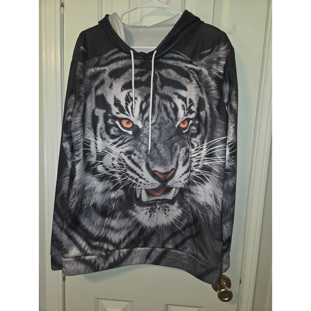 Unbranded White Tiger Graphic Hoodie All Over Print Snarling Streetwear Black L